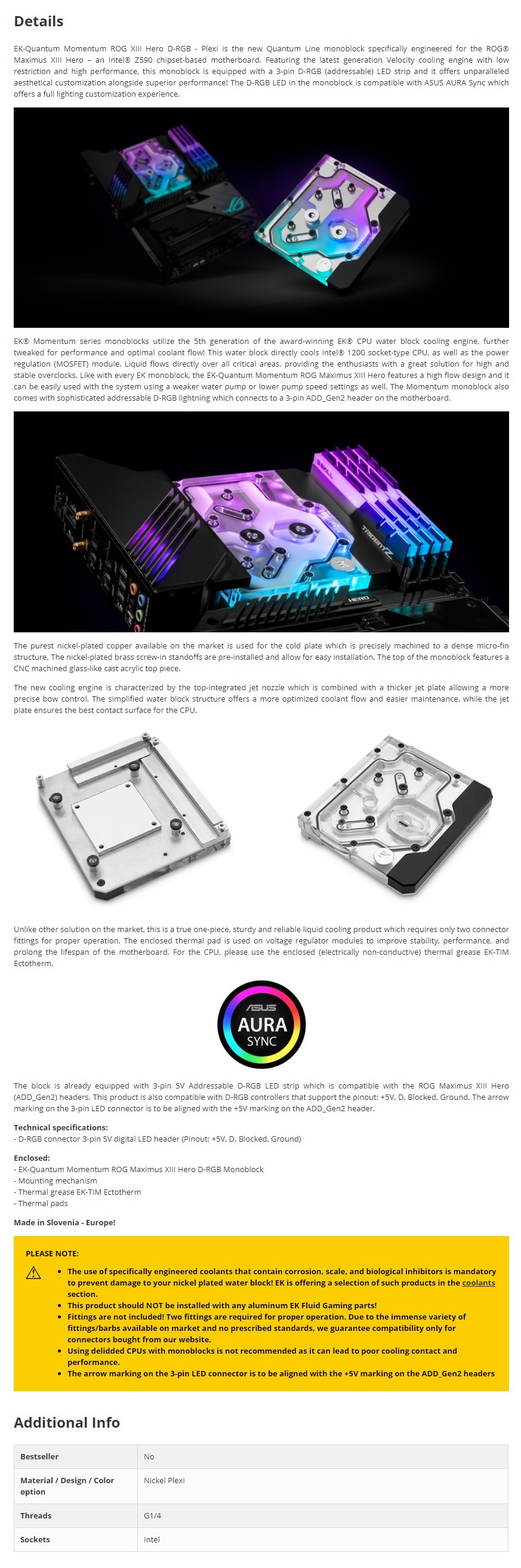 A large marketing image providing additional information about the product EK Quantum Momentum ROG Maximus XIII Hero D-RGB - Plexi - Additional alt info not provided