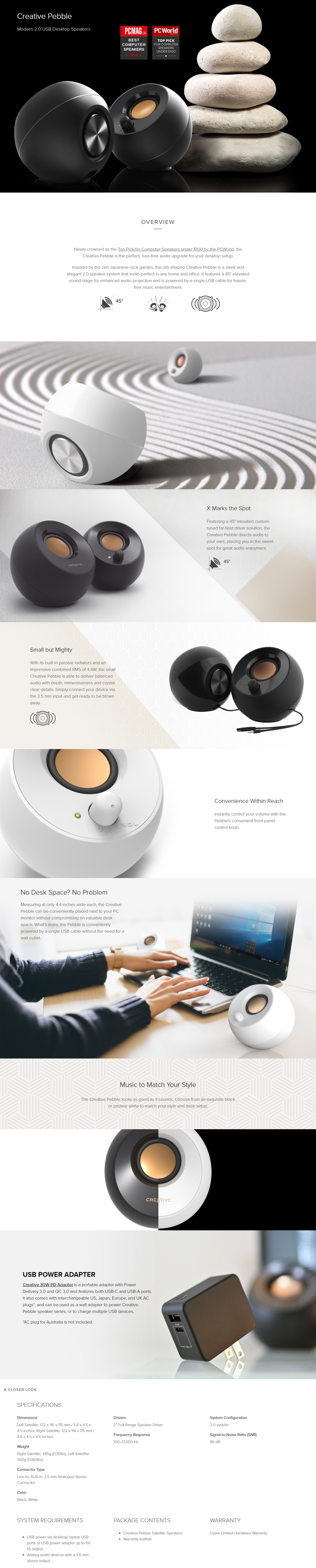 A large marketing image providing additional information about the product Creative Pebble 2.0 Speaker USB - White - Additional alt info not provided