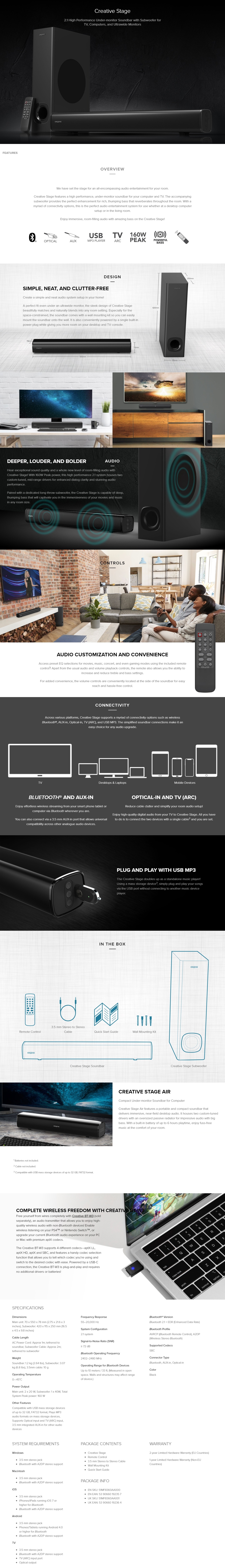 A large marketing image providing additional information about the product Creative Stage 2.1 High Performance Monitor Soundbar - Additional alt info not provided
