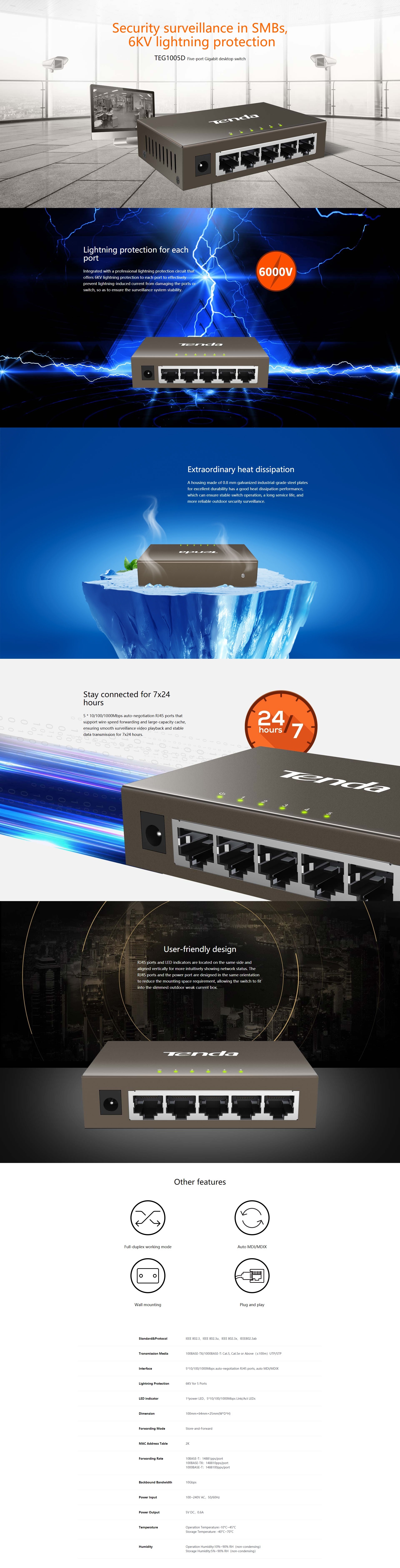 A large marketing image providing additional information about the product Tenda TEG1005D 5-Port Gigabit Desktop Switch - Additional alt info not provided