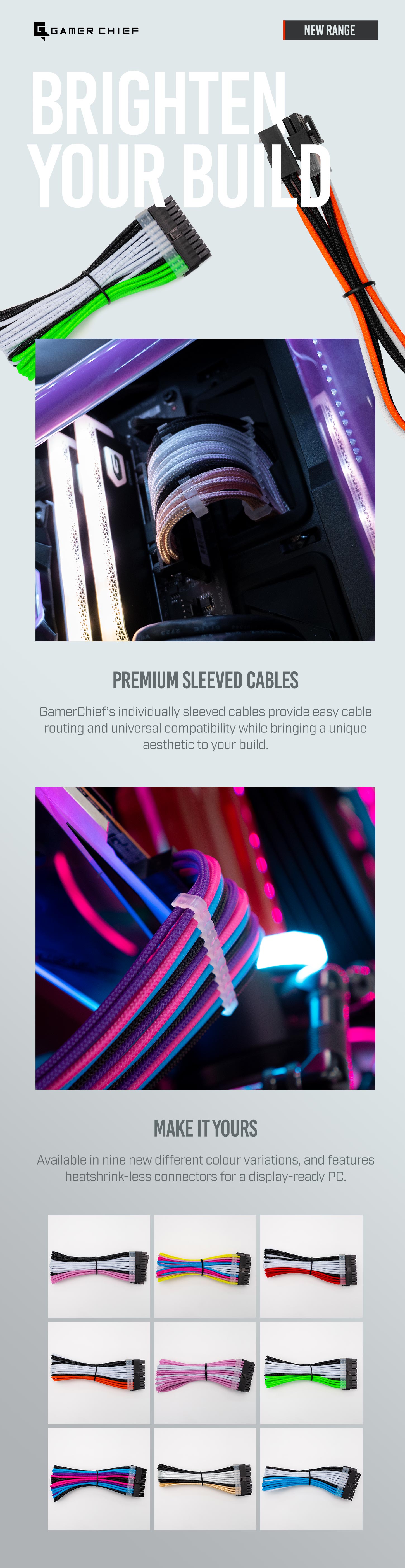 A large marketing image providing additional information about the product GamerChief Elite Series 24-Pin ATX 30cm Sleeved Extension Cable (Blue / Pink / Purple / Black) - Additional alt info not provided