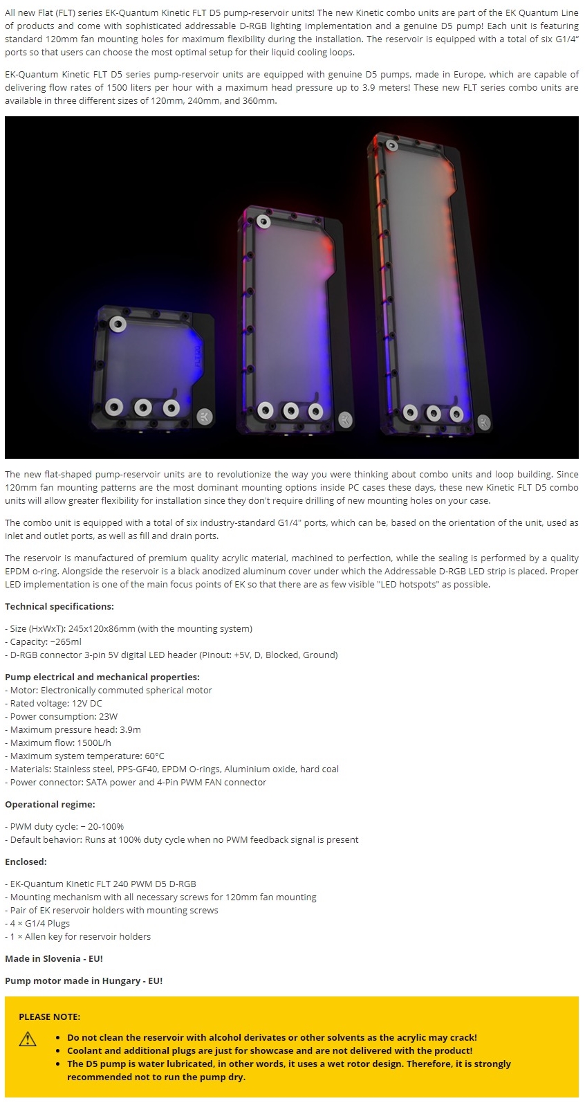 A large marketing image providing additional information about the product EK Quantum Kinetic FLT 240 D5 PWM D-RGB - Additional alt info not provided