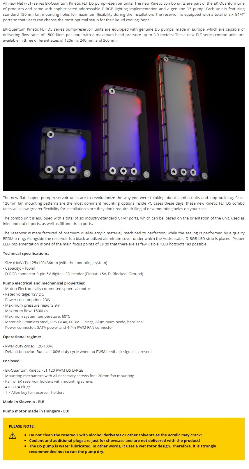 A large marketing image providing additional information about the product EK Quantum Kinetic FLT 120 D5 PWM D-RGB - Additional alt info not provided