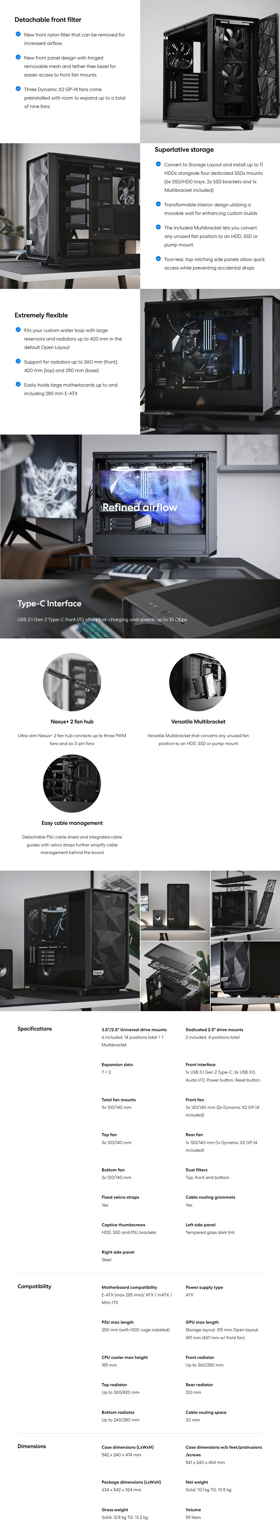 A large marketing image providing additional information about the product Fractal Design Meshify 2 Dark Tempered Glass Mid Tower Case Black - Additional alt info not provided