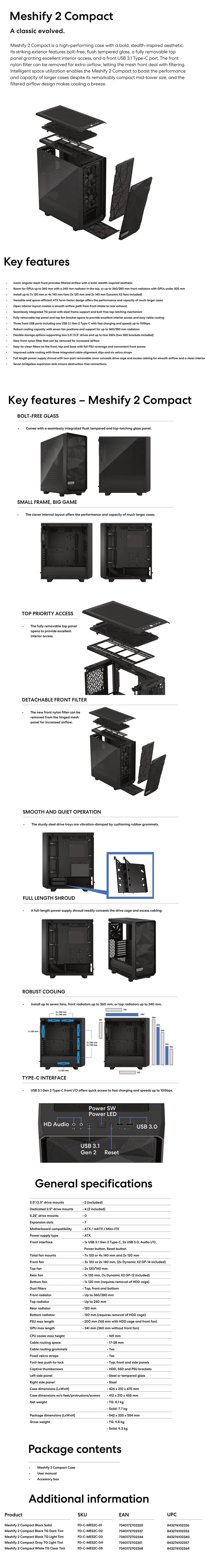A large marketing image providing additional information about the product Fractal Design Meshify 2 Compact TG Light Tint Mid Tower Case - Black - Additional alt info not provided