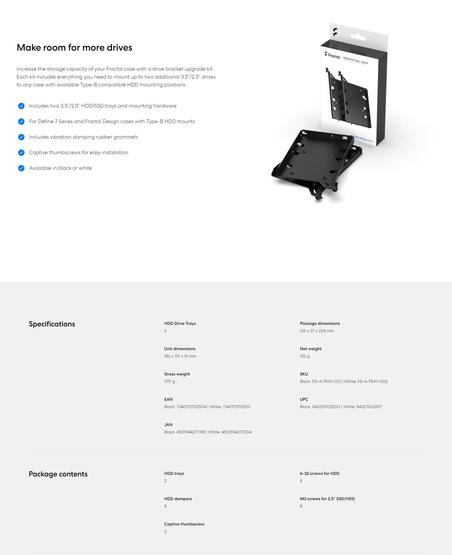A large marketing image providing additional information about the product Fractal Design HDD Tray Kit - Type-B (2-Pack) Black - Additional alt info not provided