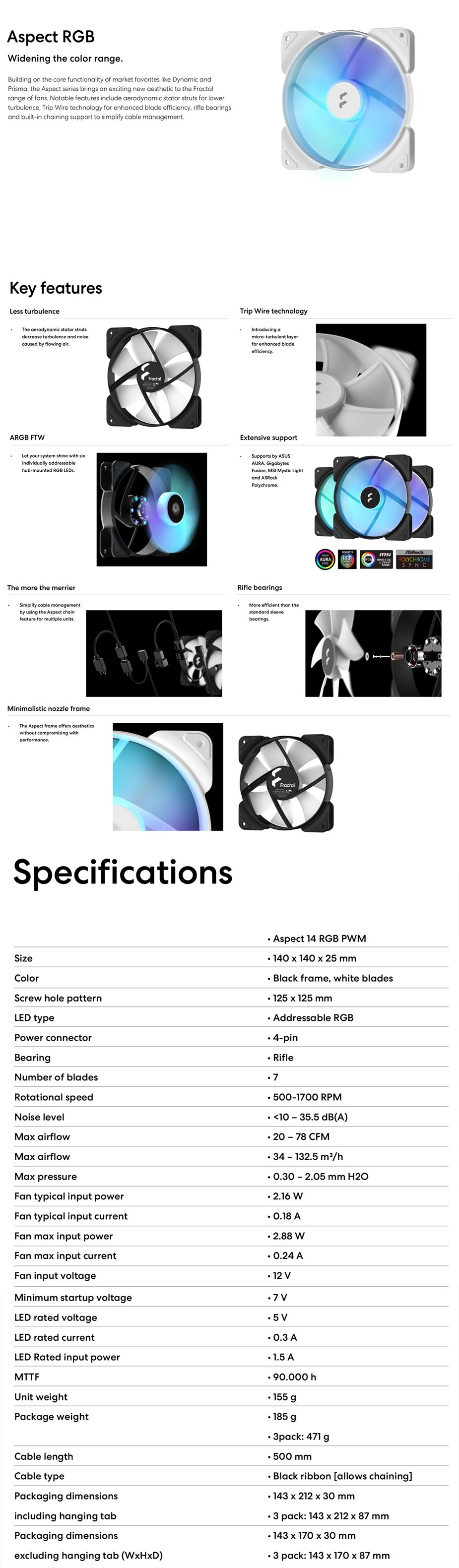 A large marketing image providing additional information about the product Fractal Design Aspect 14 RGB 140mm PWM Fan Black 3-Pack - Additional alt info not provided