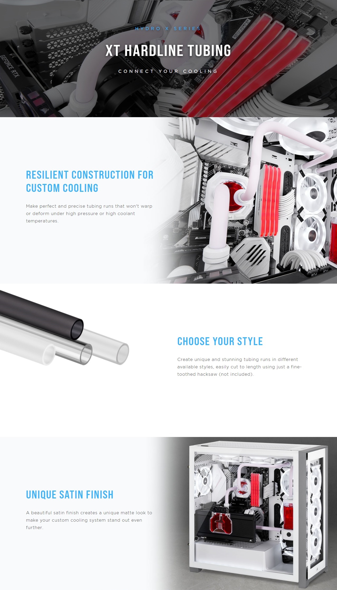 A large marketing image providing additional information about the product Corsair Hydro X Series XT Hardline Tubing 10/12mm 1m (3pcs) - Satin White - Additional alt info not provided