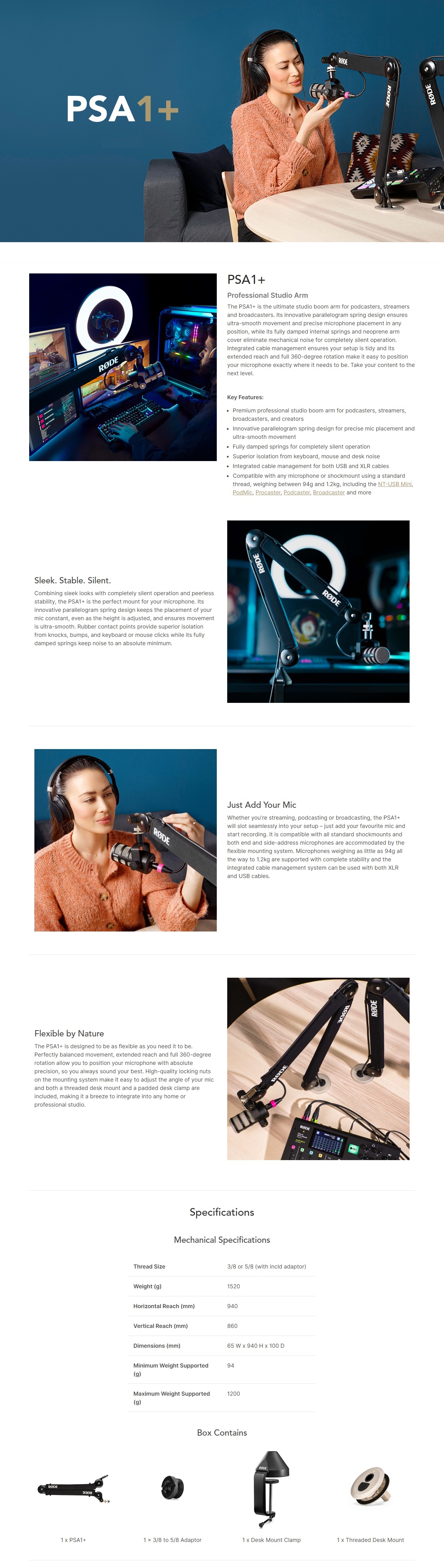 A large marketing image providing additional information about the product RODE PSA1+ Professional Studio Boom Mic Arm - Additional alt info not provided