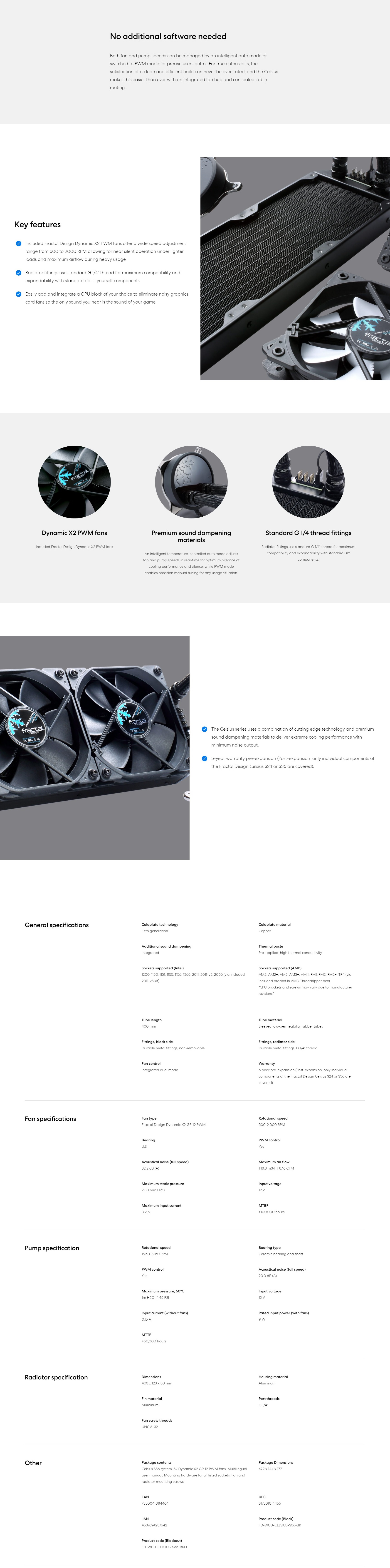 A large marketing image providing additional information about the product Fractal Design Celsius S36 360mm AIO CPU Cooler - Blackout - Additional alt info not provided