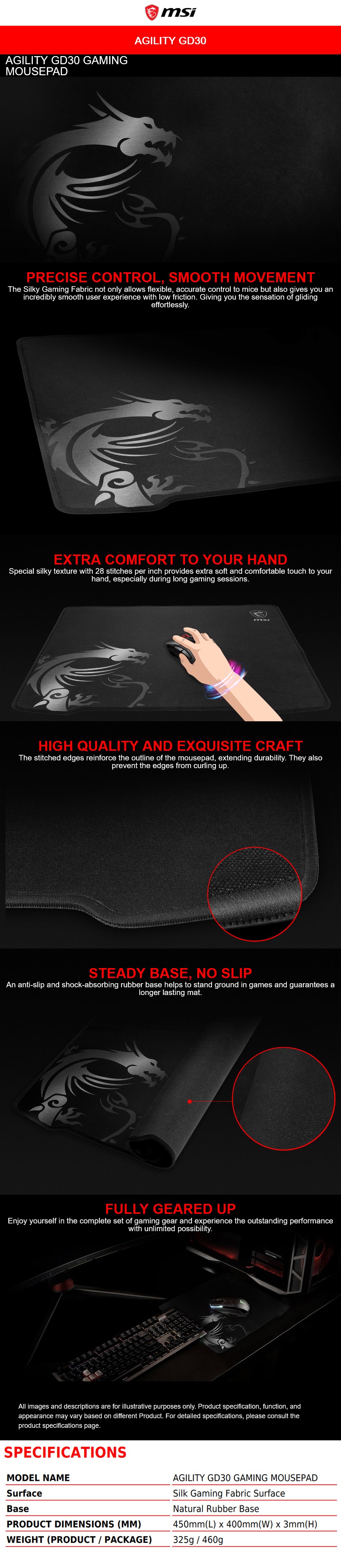 A large marketing image providing additional information about the product MSI Agility GD30 Mousemat - Additional alt info not provided
