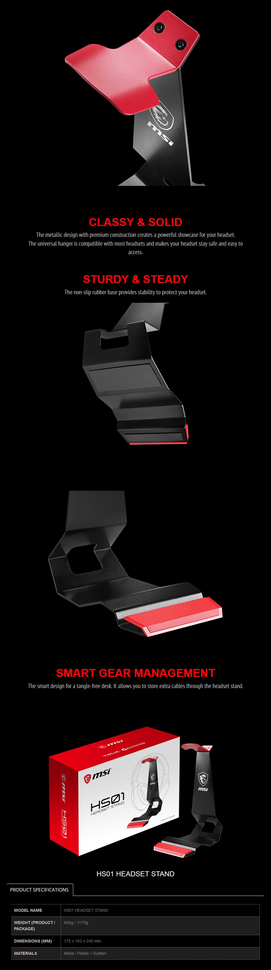 A large marketing image providing additional information about the product MSI HS01 Headset Stand - Additional alt info not provided