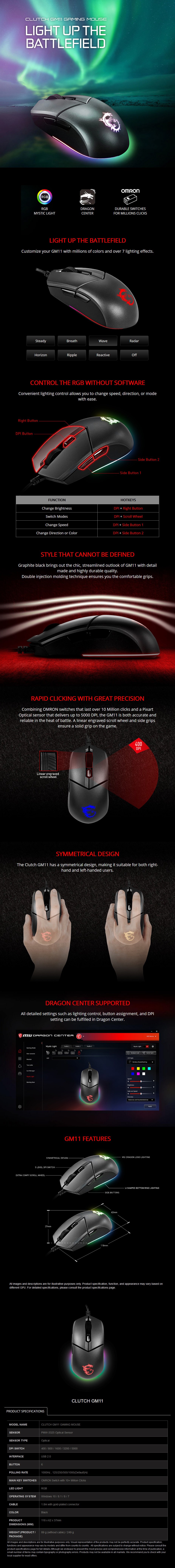 A large marketing image providing additional information about the product MSI Clutch GM11 RGB Gaming Mouse - Additional alt info not provided