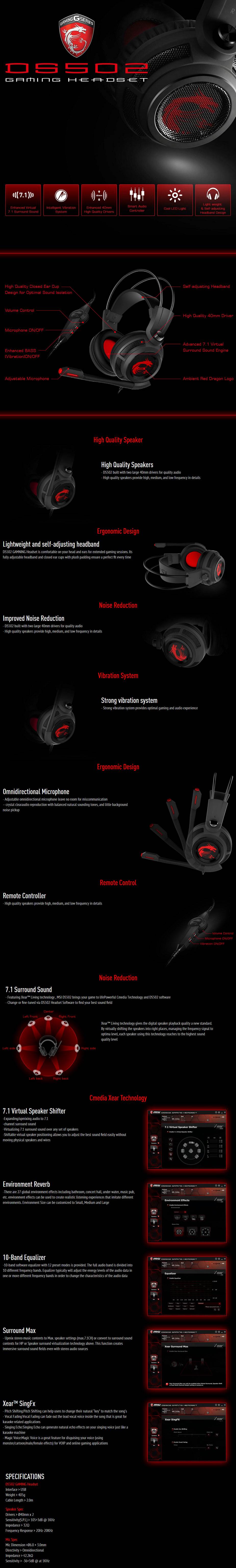 A large marketing image providing additional information about the product MSI DS502 Gaming Wired Headset - Additional alt info not provided