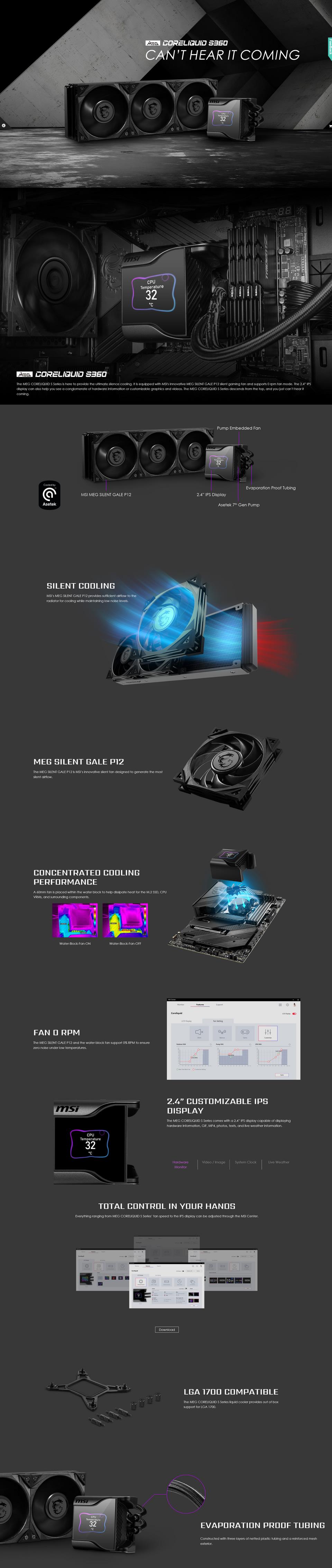 A large marketing image providing additional information about the product MSI MEG CORELIQUID S360 360mm AIO CPU Cooler - Additional alt info not provided