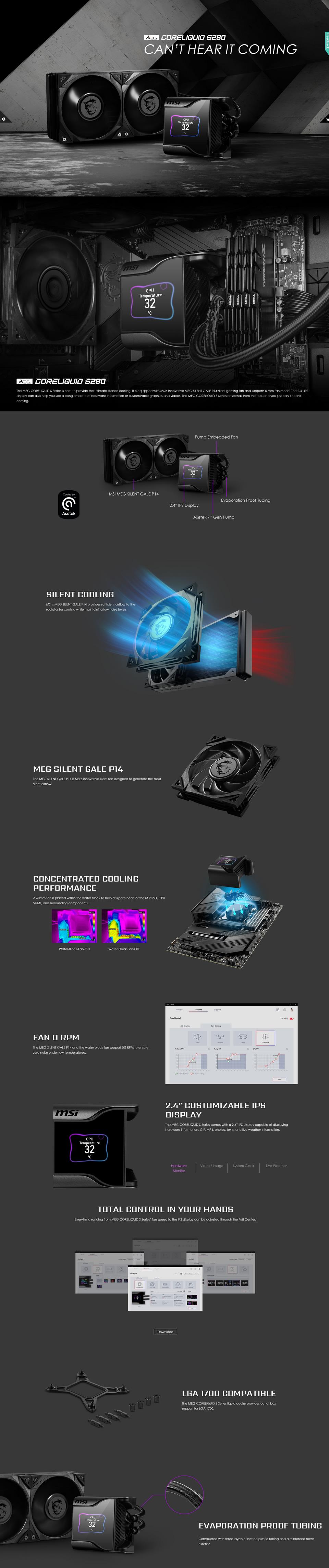 A large marketing image providing additional information about the product MSI MEG CoreLiquid S280 280mm AIO CPU Cooler - Additional alt info not provided