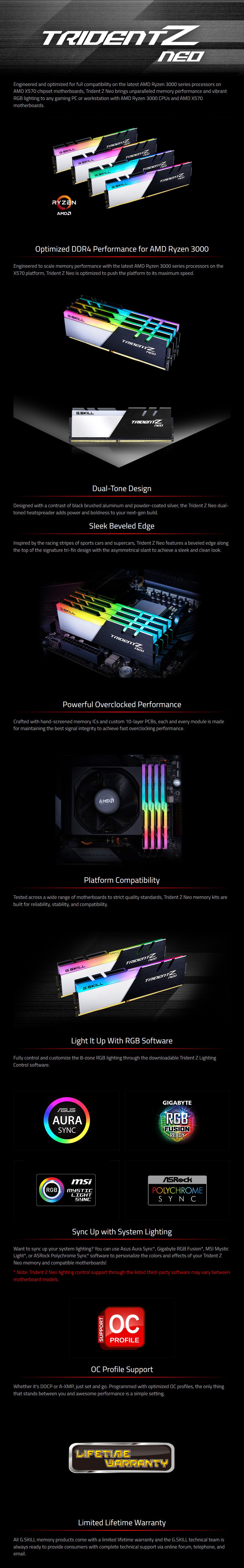 A large marketing image providing additional information about the product G.Skill 32GB Kit (2x16GB) DDR4 Trident Z RGB Neo C18 3600Mhz - Black - Additional alt info not provided