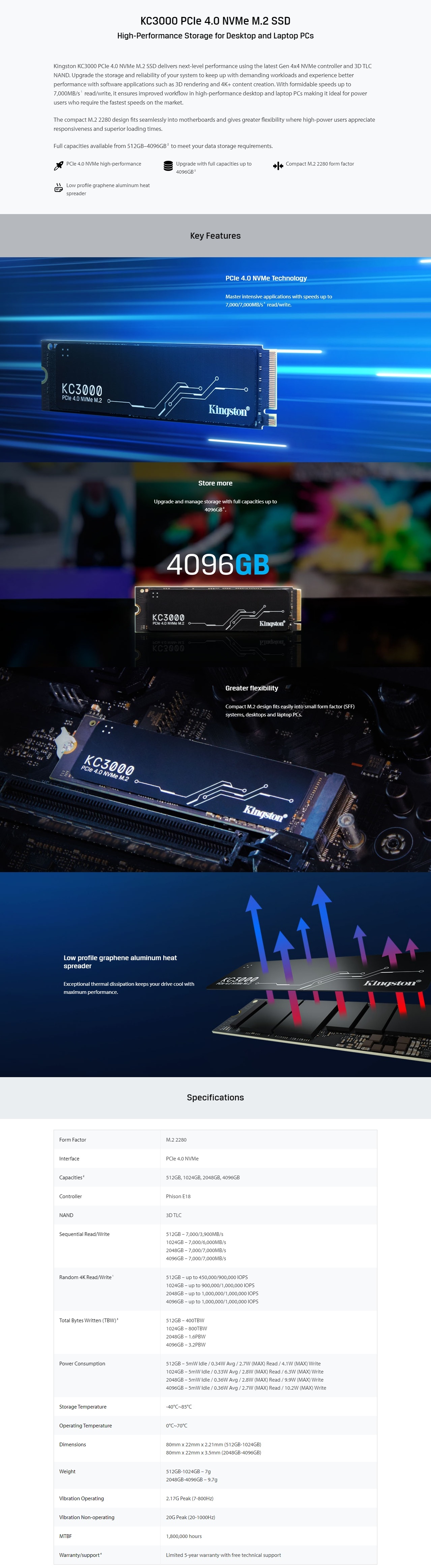 A large marketing image providing additional information about the product Kingston KC3000 PCIe Gen4 NVMe M.2 SSD - 512GB - Additional alt info not provided