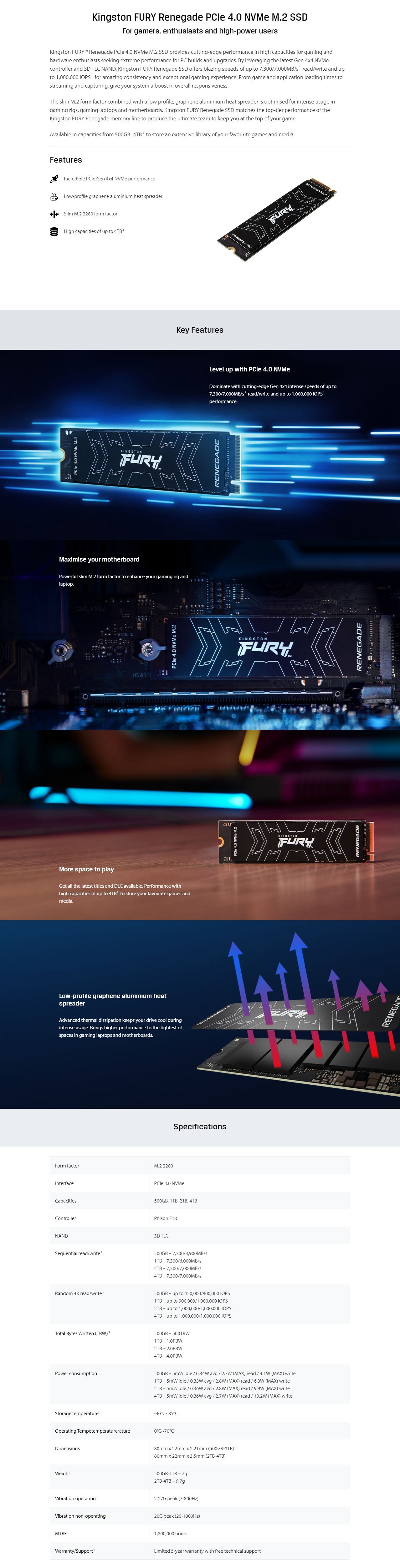 A large marketing image providing additional information about the product Kingston FURY Renegade PCIe Gen4 NVMe M.2 SSD - 500GB - Additional alt info not provided