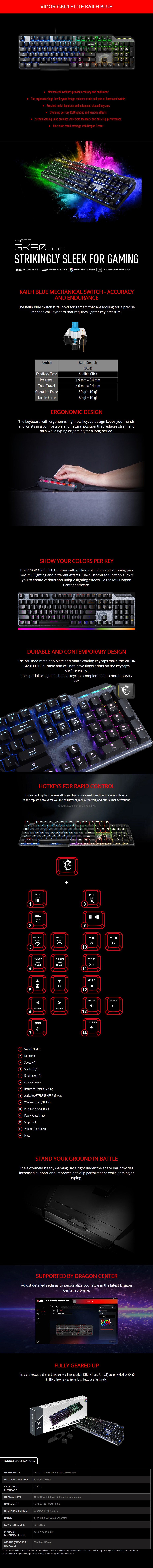 A large marketing image providing additional information about the product MSI Vigor GK50 Elite RGB Mechanical Gaming Keyboard - Kailh Blue - Additional alt info not provided