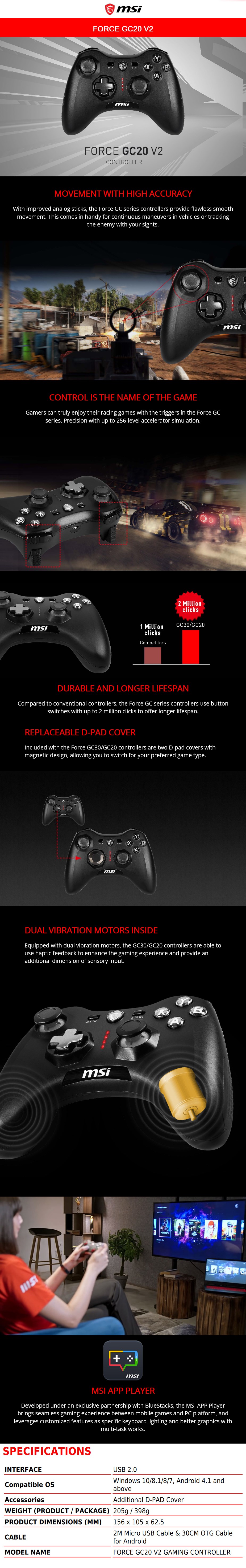 A large marketing image providing additional information about the product MSI Force GC20 V2 Wired Controller Black - Additional alt info not provided