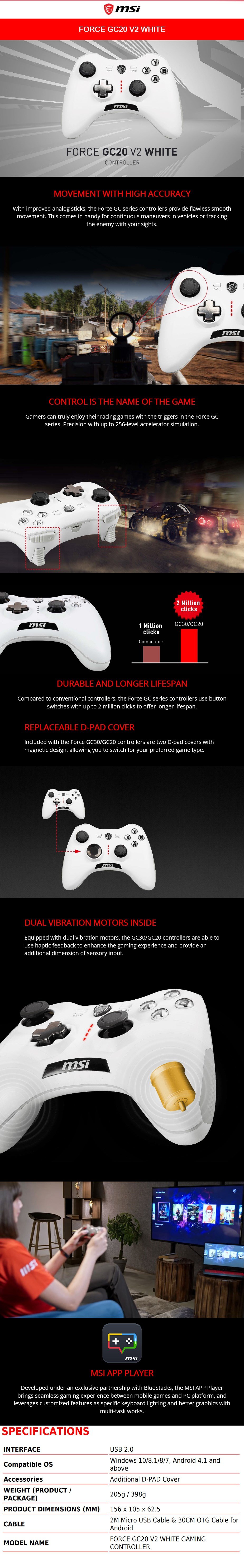 A large marketing image providing additional information about the product MSI Force GC20 V2 Wired Controller White - Additional alt info not provided