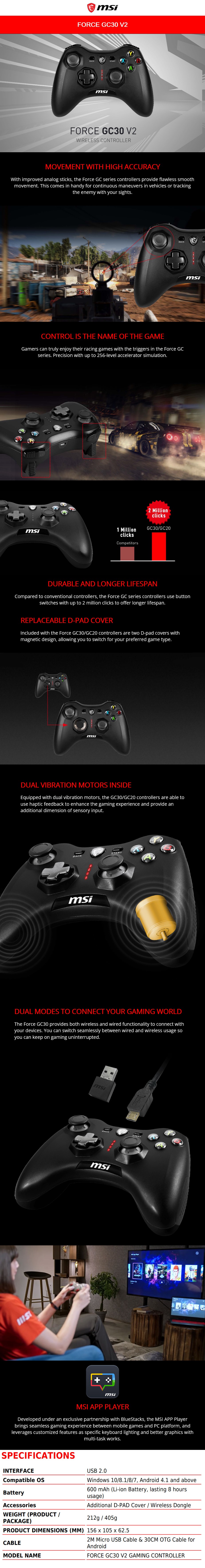 A large marketing image providing additional information about the product MSI Force GC30 V2 Wireless Controller Black - Additional alt info not provided