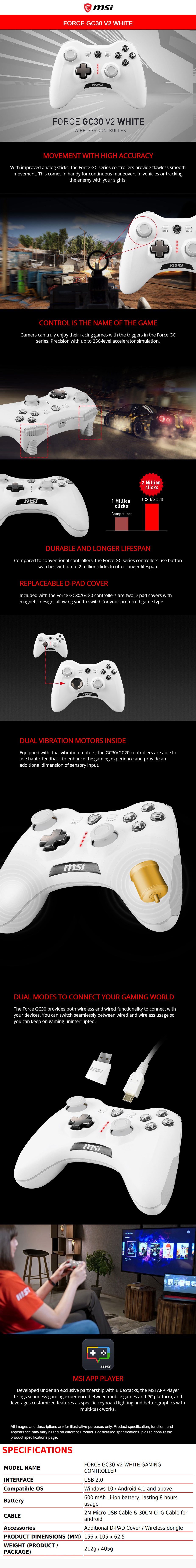 A large marketing image providing additional information about the product MSI Force GC30 V2 Wireless Controller White - Additional alt info not provided