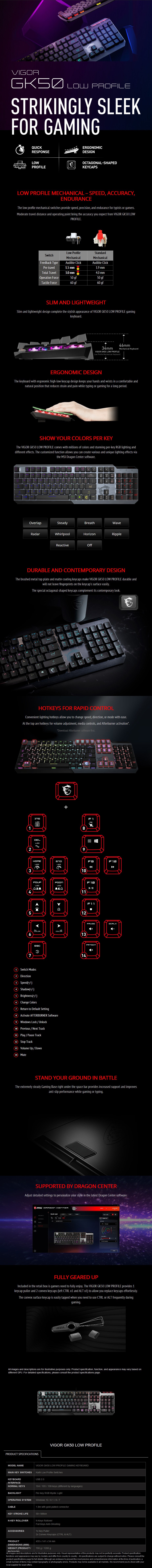 A large marketing image providing additional information about the product MSI Vigor GK50 Kailh Low Profile Mechnical Gaming Keyboard - Additional alt info not provided