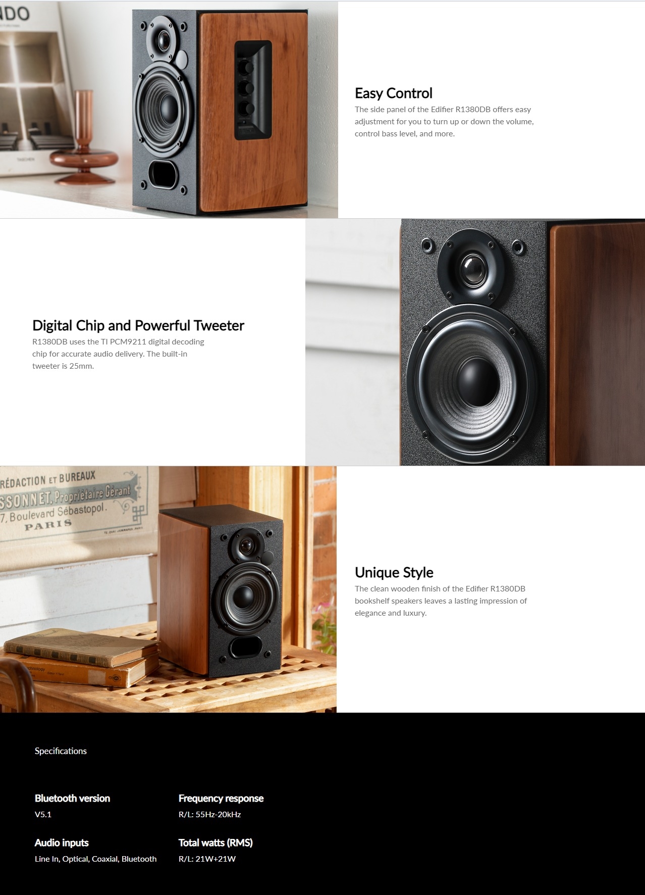 A large marketing image providing additional information about the product Edifier R1380DB 2.0 Professional Bluetooth Bookshelf Speakers - Additional alt info not provided