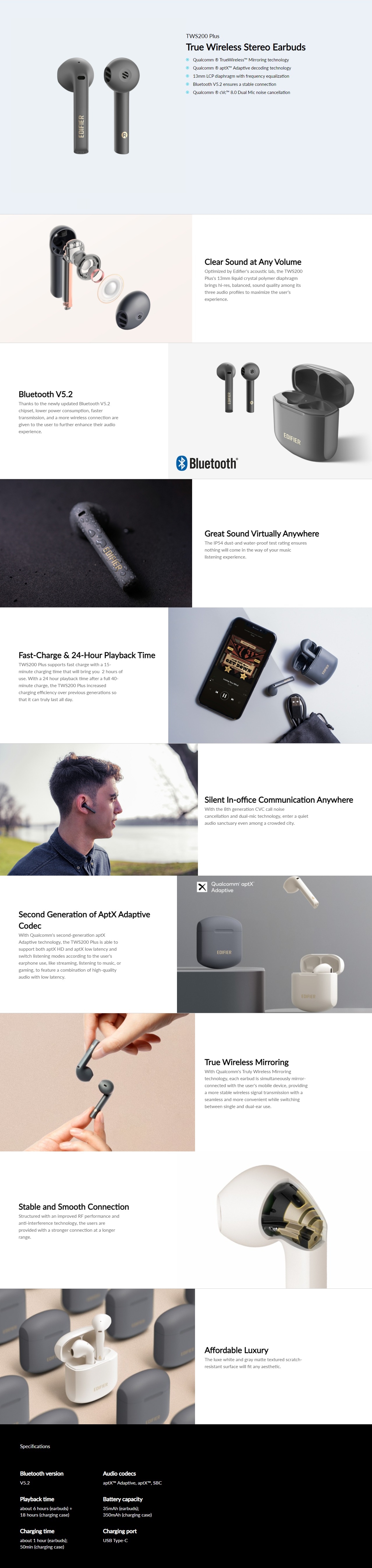 A large marketing image providing additional information about the product Edifier TWS200 Plus Stereo Bluetooth Earbuds - Grey - Additional alt info not provided
