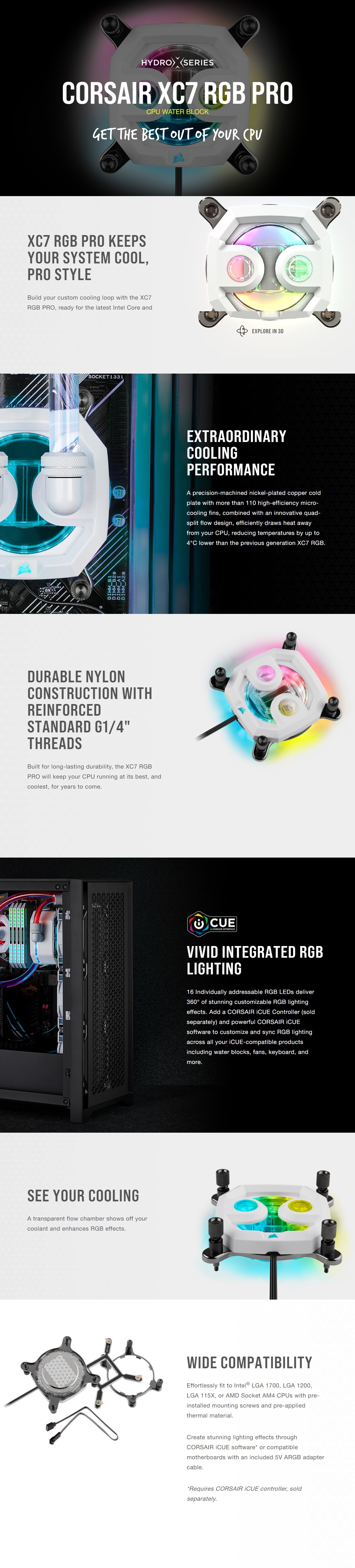 A large marketing image providing additional information about the product Corsair Hydro X Series XC7 RGB PRO CPU Water Block (1700/1200/AM5/AM4) — White - Additional alt info not provided