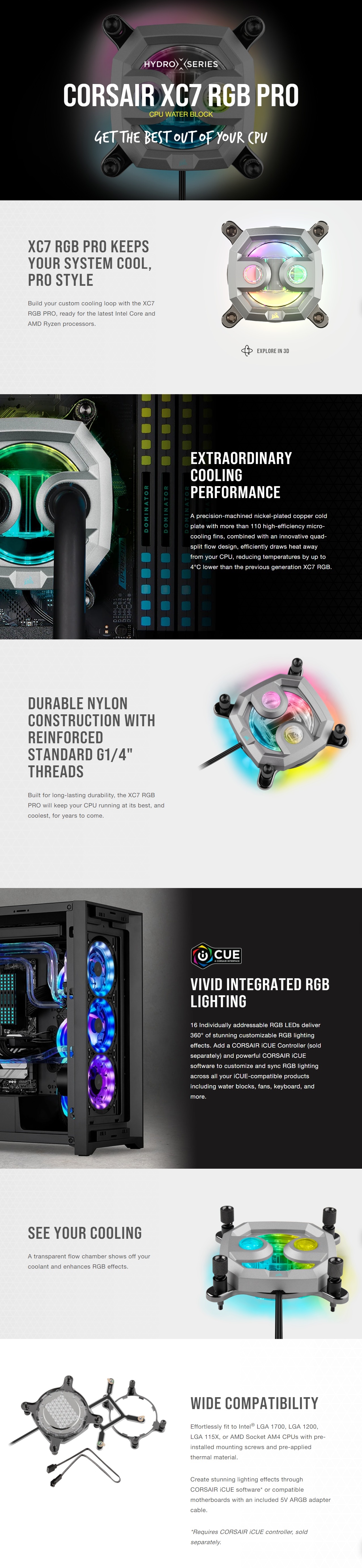 A large marketing image providing additional information about the product Corsair Hydro X Series XC7 RGB PRO CPU Water Block (1700/1200/AM5/AM4) — Silver - Additional alt info not provided