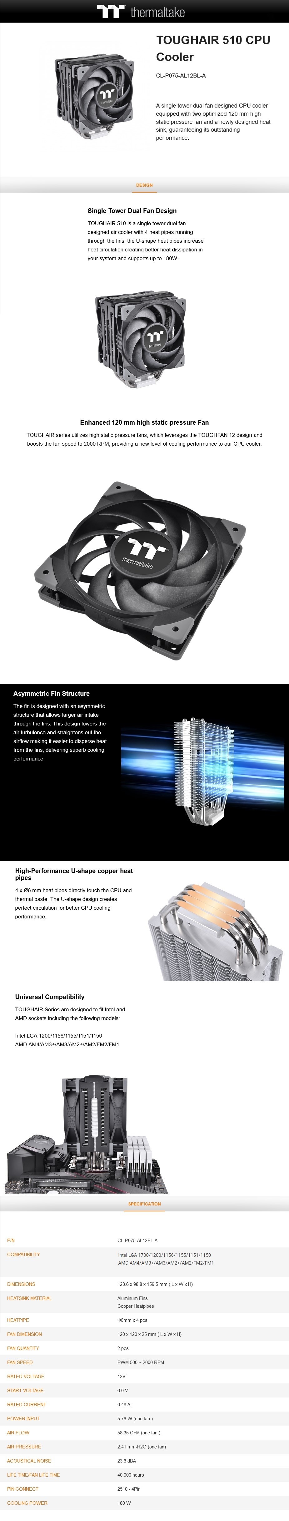 A large marketing image providing additional information about the product Thermaltake Toughair 510 CPU Cooler - Black - Additional alt info not provided