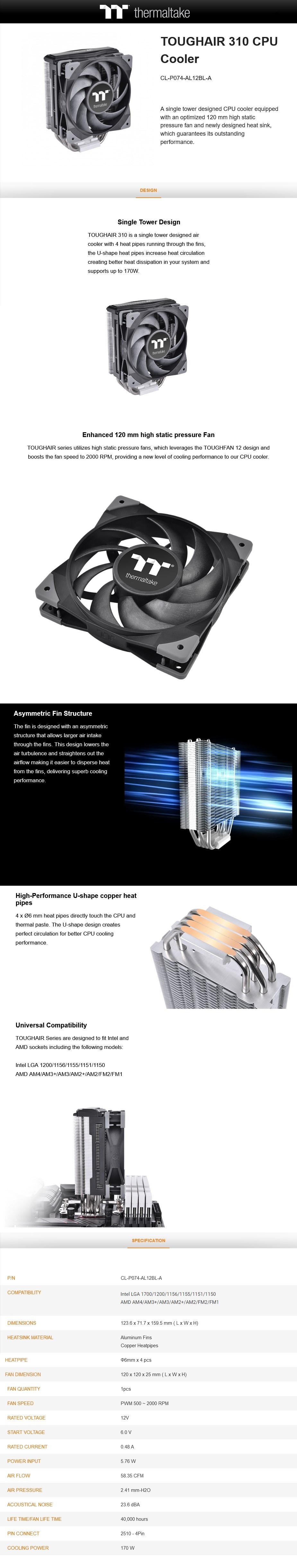 A large marketing image providing additional information about the product Thermaltake Toughair 310 - CPU Cooler - Additional alt info not provided