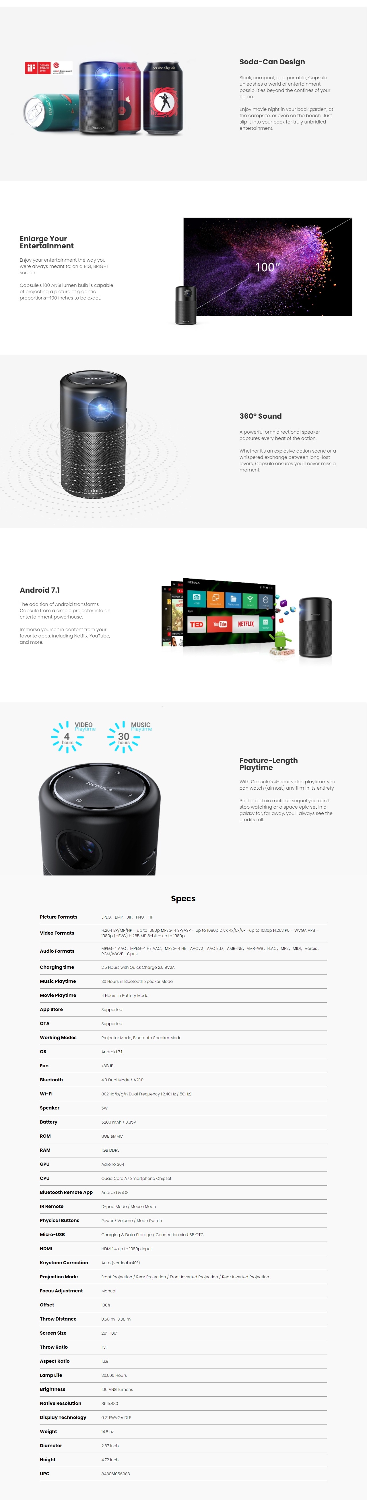 A large marketing image providing additional information about the product Nebula Capsule Mini Portable Projector - Black - Additional alt info not provided