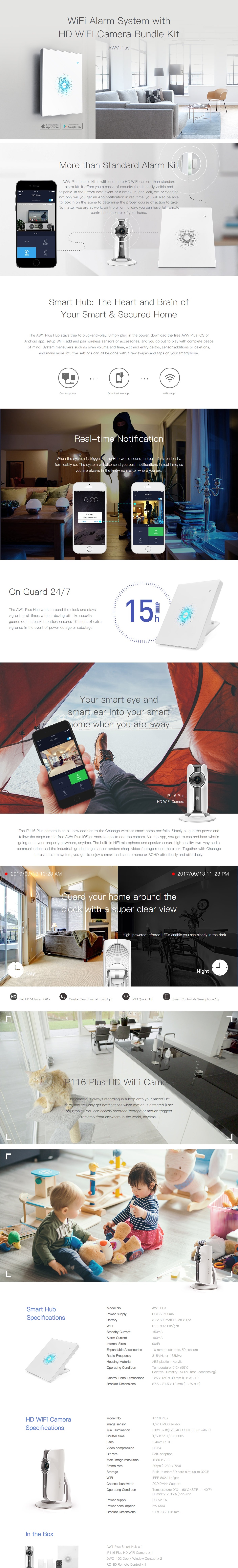 A large marketing image providing additional information about the product Chuango AWV Plus WiFi Alarm System with HD WiFi Camera Bundle Kit - Additional alt info not provided