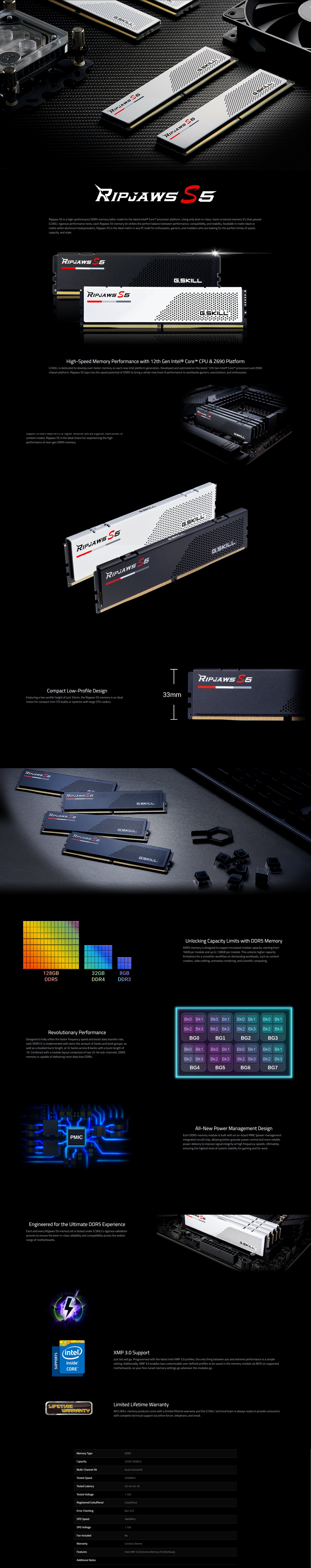 A large marketing image providing additional information about the product G.Skill 32GB Kit (2x16GB) DDR5 Ripjaws S5 C40 5200Mhz - White - Additional alt info not provided