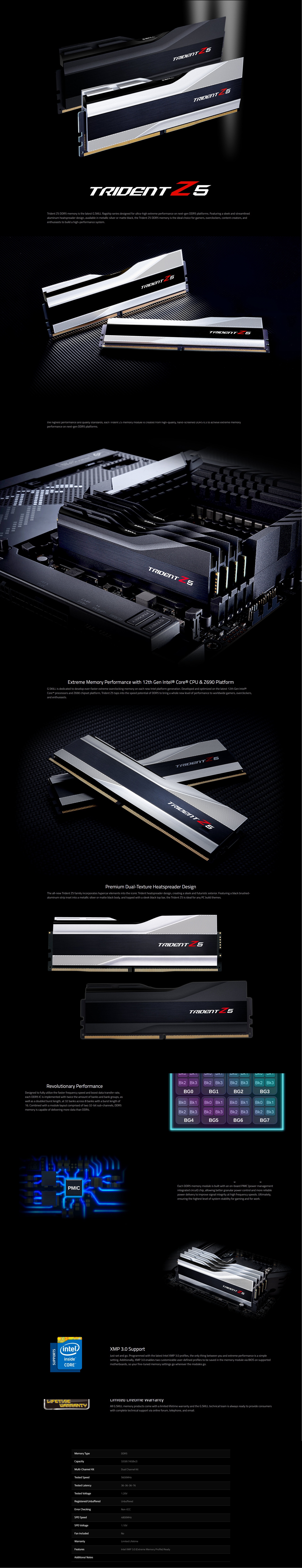 A large marketing image providing additional information about the product G.Skill 32GB Kit (2x16GB) DDR5 Trident Z5 C36 5600Mhz - Black - Additional alt info not provided