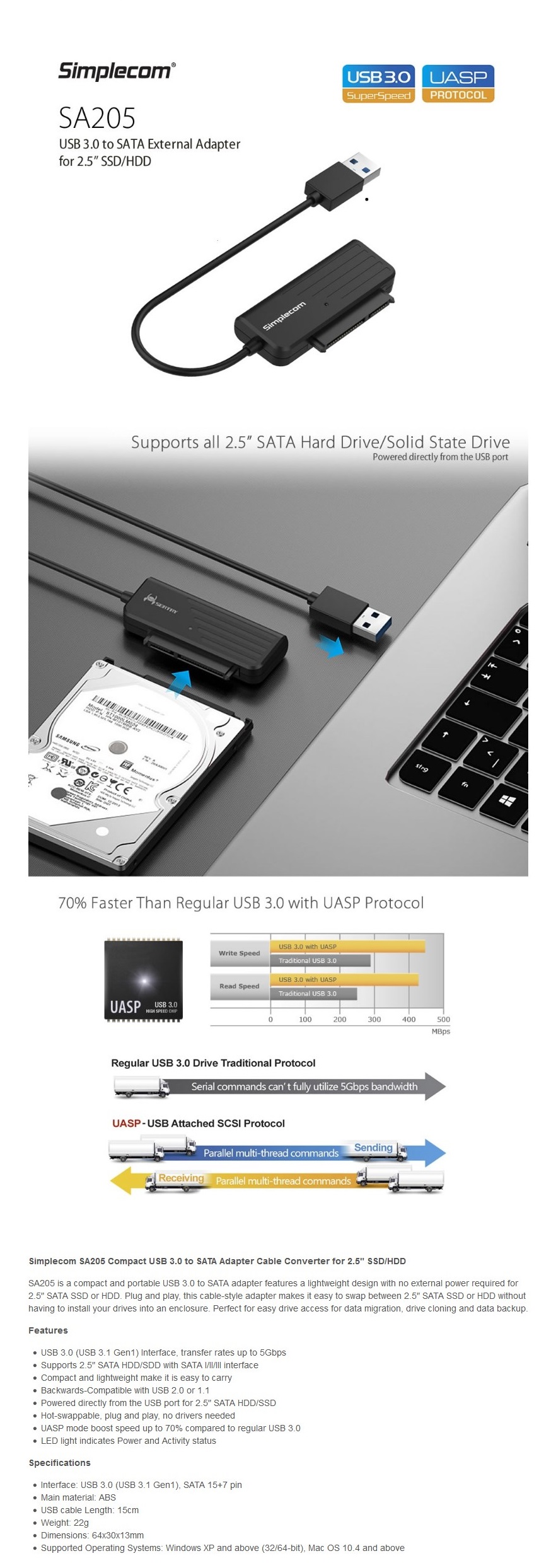 A large marketing image providing additional information about the product Simplecom SA205 Compact USB-A 3.0 to SATA External Adapter Cable Converter - Additional alt info not provided