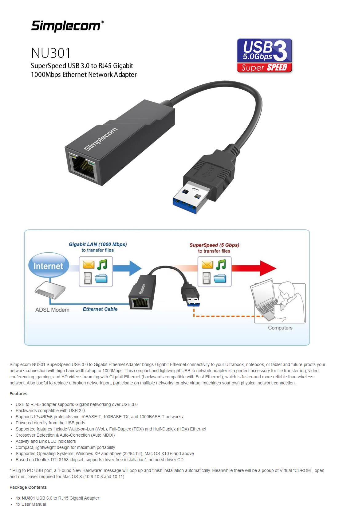 A large marketing image providing additional information about the product Simplecom NU301 USB 3.0 to RJ45 Gigabit Ethernet Network Adapter - Additional alt info not provided
