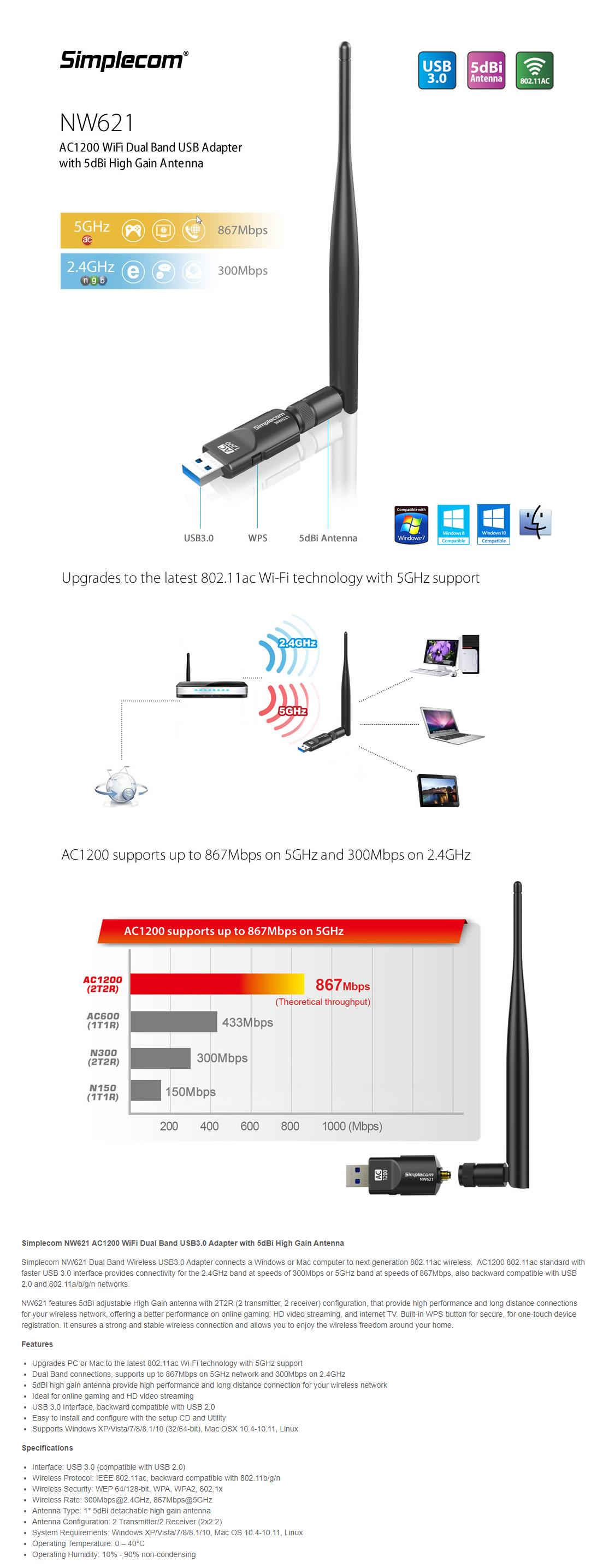 A large marketing image providing additional information about the product Simplecom NW621 AC1200 Dual-Band USB Wifi Adapter with 5dBi High Gain Antenna - Additional alt info not provided