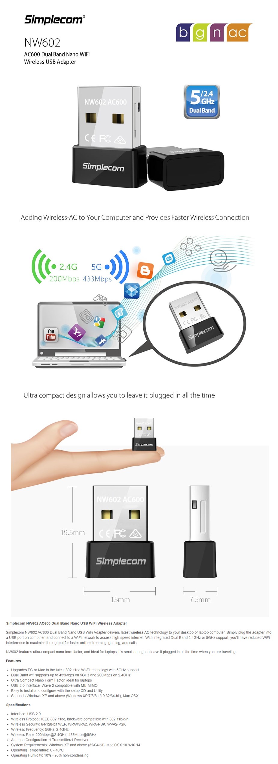 A large marketing image providing additional information about the product Simplecom NW602 AC600 Dual-Band Nano USB WiFi Adapter - Additional alt info not provided