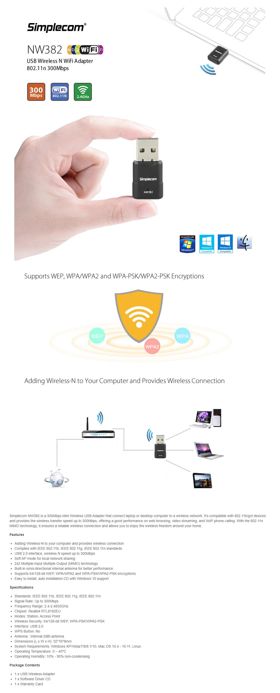 A large marketing image providing additional information about the product Simplecom NW382 Mini Wireless N USB WiFi Adapter - Additional alt info not provided