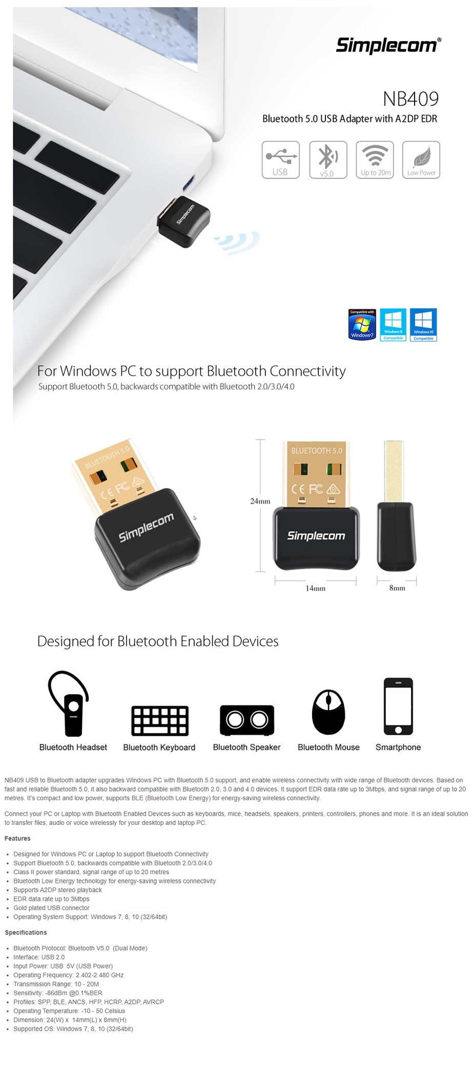 A large marketing image providing additional information about the product Simplecom NB409 Bluetooth 5.0 USB Wireless Dongle with A2DP EDR - Additional alt info not provided