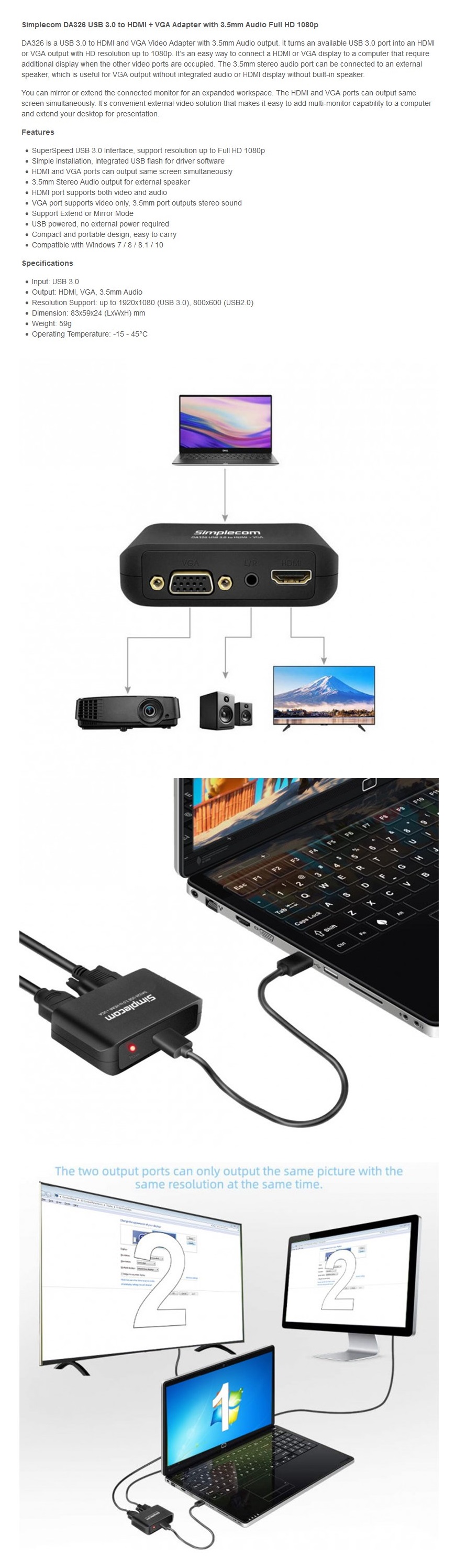 A large marketing image providing additional information about the product Simplecom DA326 USB 3.0 Type-A to HDMI + VGA + 3.5mm Audio Adaptor - Additional alt info not provided