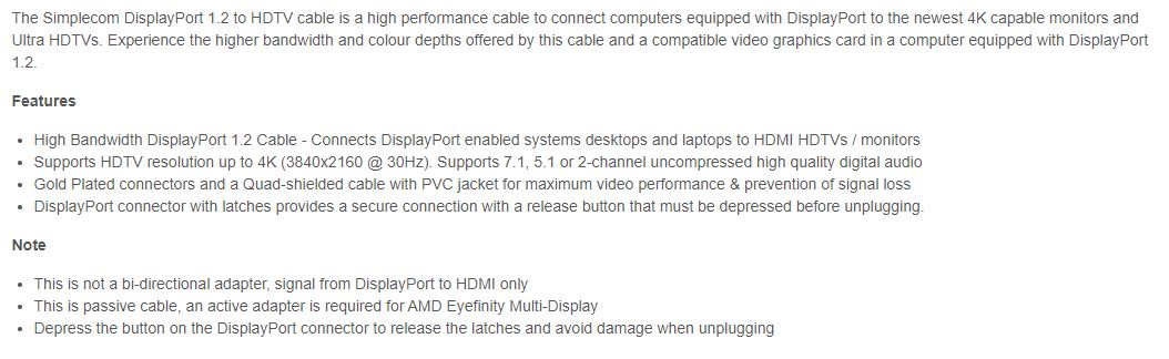 A large marketing image providing additional information about the product Simplecom DA201 1.8M 4K DisplayPort to HDMI Cable - Additional alt info not provided