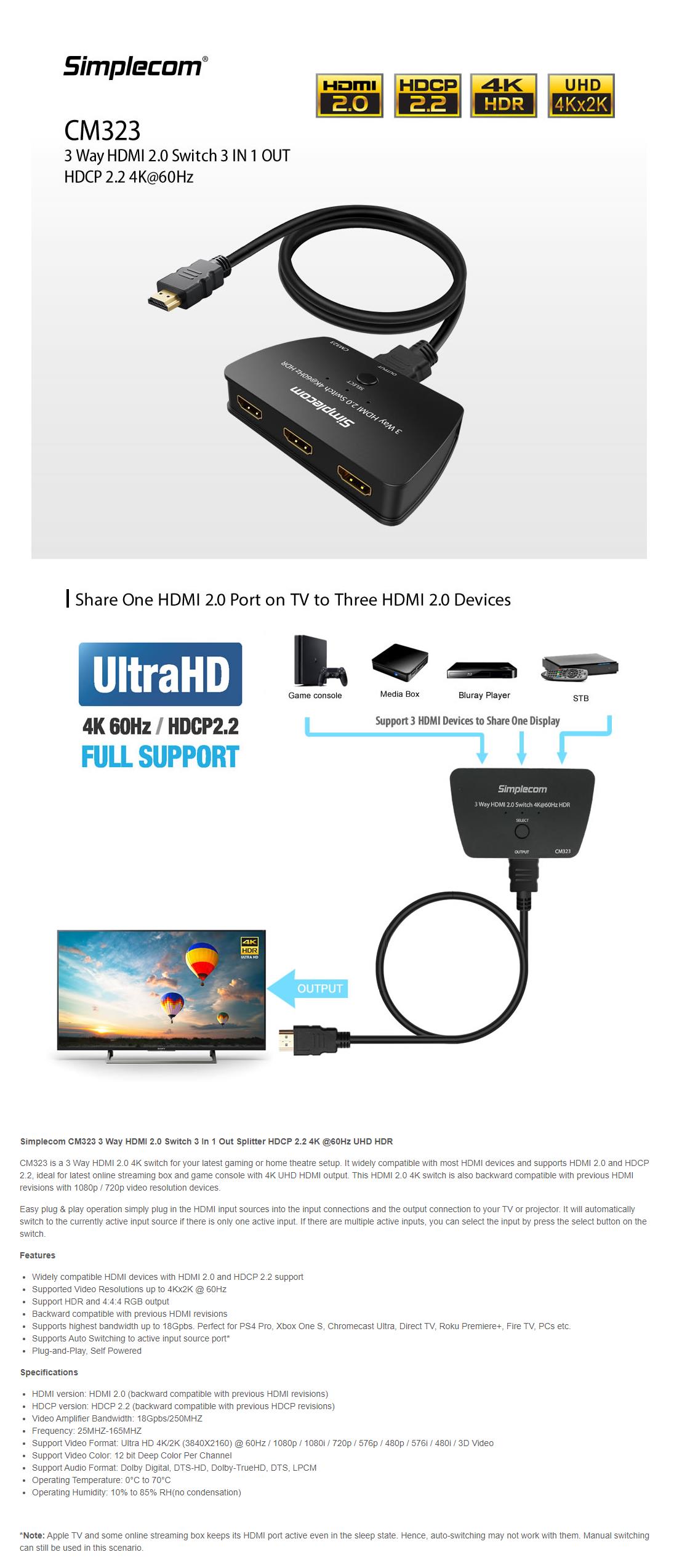 A large marketing image providing additional information about the product Simplecom CM323 3 Way HDMI 2.0 Switch 3 In 1 Out Splitter HDCP 2.2 4K 60Hz HDR - Additional alt info not provided