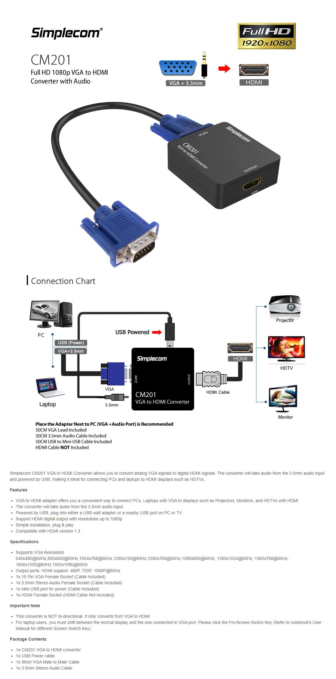 A large marketing image providing additional information about the product Simplecom CM201 Full HD 1080p VGA to HDMI Converter with Audio - Additional alt info not provided