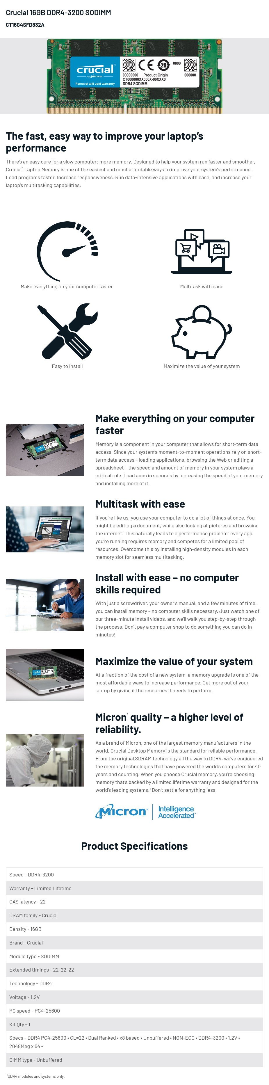 A large marketing image providing additional information about the product Crucial 16GB DDR4 SO-DIMM C22 3200MHz - Additional alt info not provided